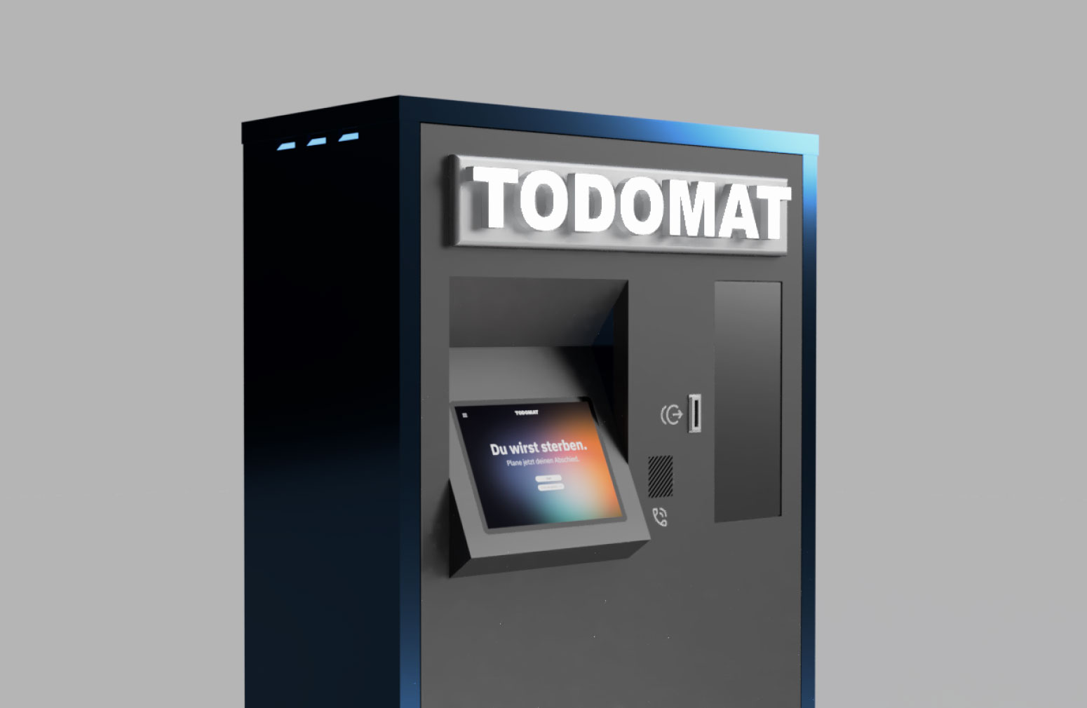 Todomat machine, resembling a ticket machine, with a touch screen displaying the message 'Du wirst sterben' (You will die).