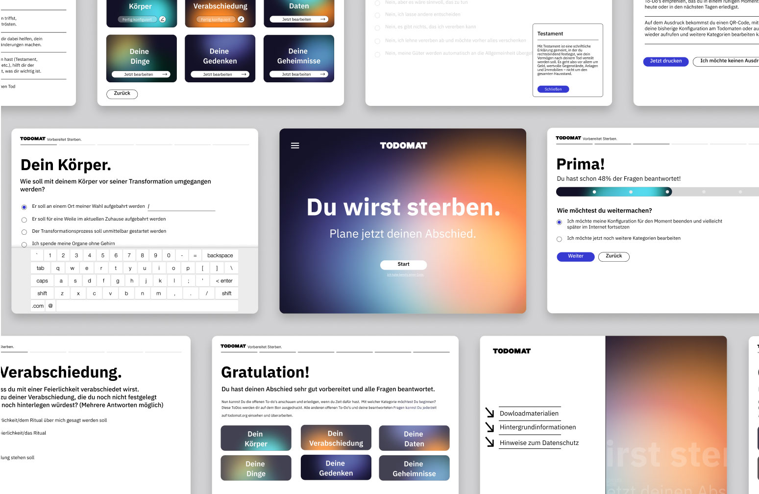 Todomat app screenshots with German text and sections for body, farewell, and data.