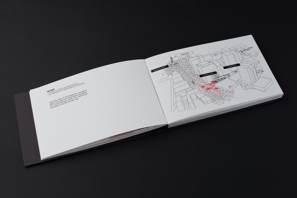 Book spread open on a dark surface. The right page features a black and white map with red dots, while the left page has black text on a white background.